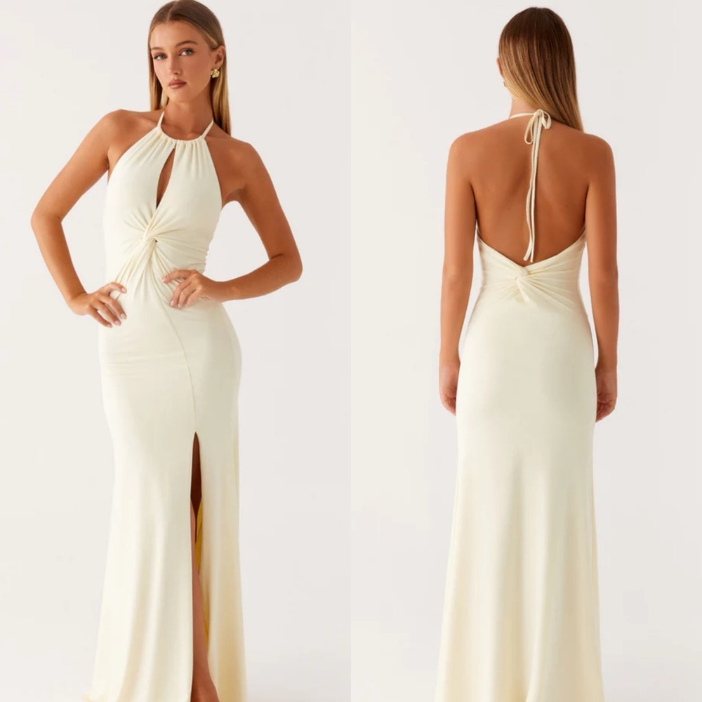 Peppermayo Cream Halter Twist Front Maxi Dress